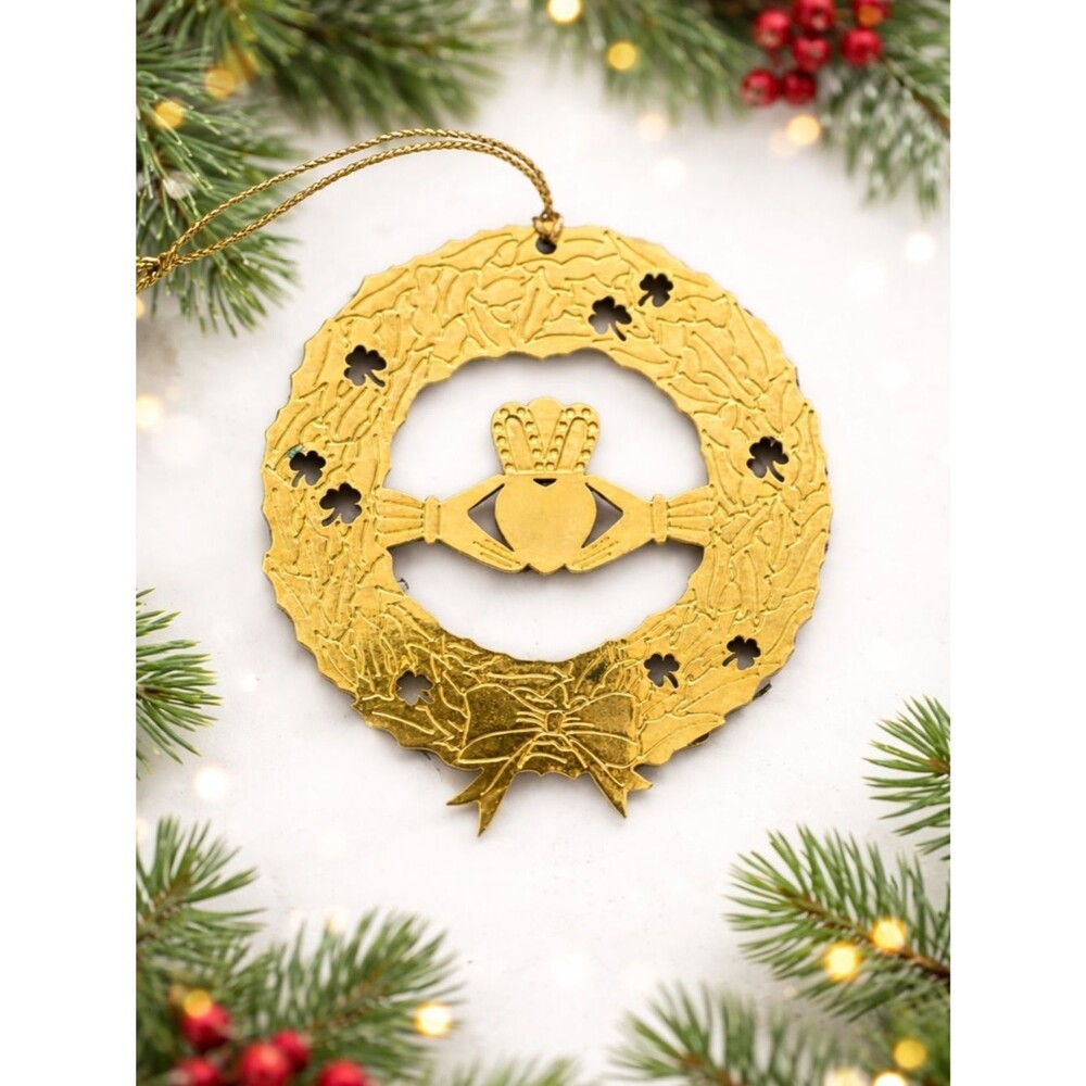 Irish Claddagh Wreath Christmas Ornament Gold Tone Shamrock 3” (RLA Marking)